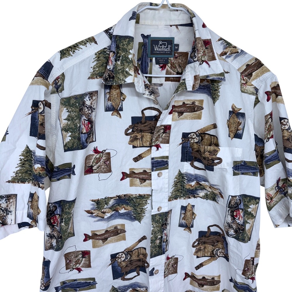 Woolrich Fish All Over Short Sleeve‎ Button Up Shirt Medium Fishing Outdoor Wild